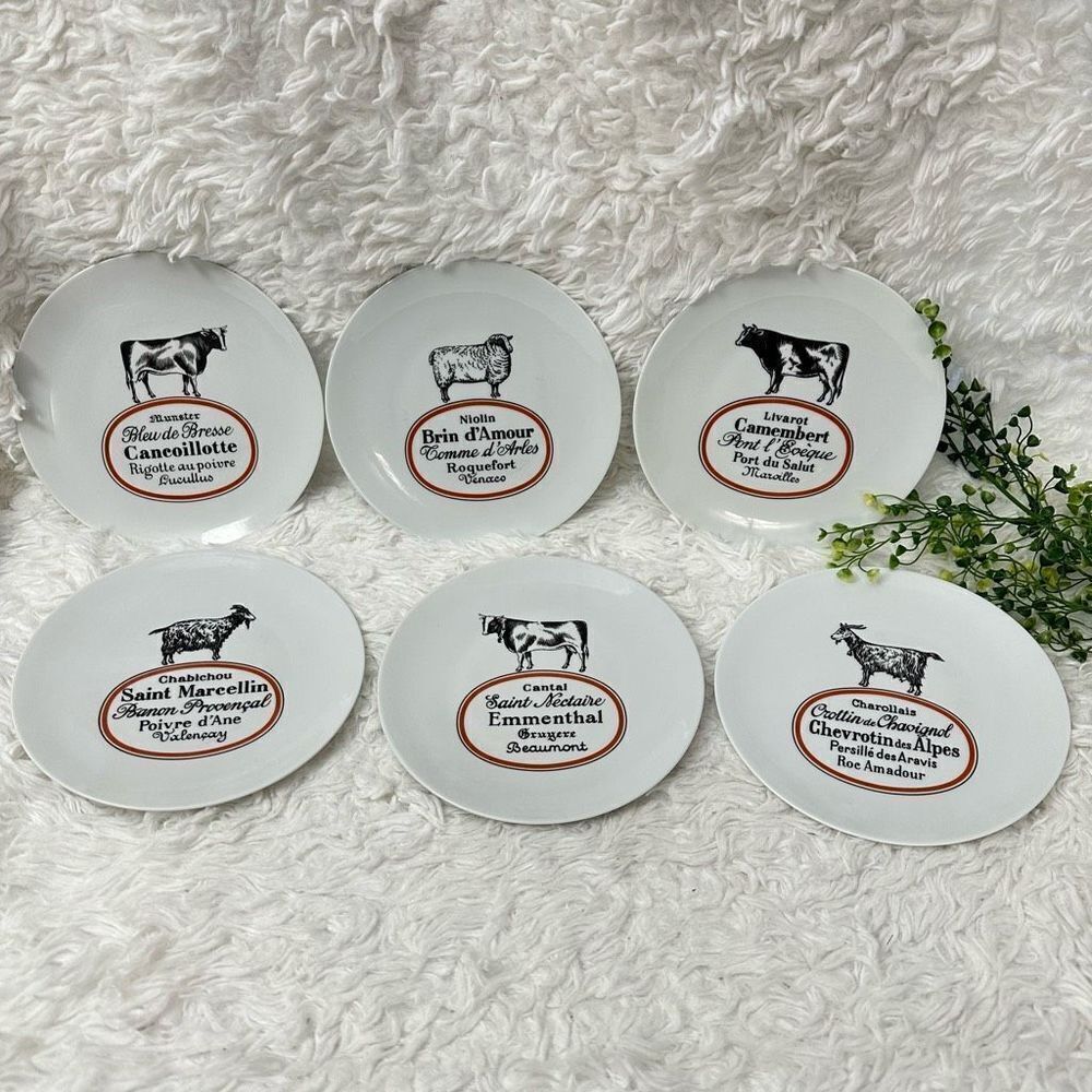 Set of 6 Porcelaine de Limoges France 7.5” Cheese Plates Cow Goat Sheep